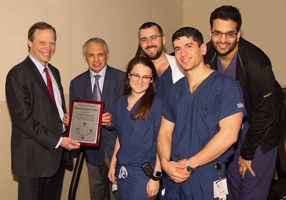 Robert Friedlander with Joseph Maroon and residents Justiss Kallos, Michael McDowell, Hanna Algattas and Nitin Agarwal.